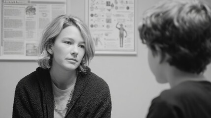 Therapist in middialogue with a young patient captured in a medium shot with softfocus clinical timeline posters illustrating halted gendercare medication protocols behind.