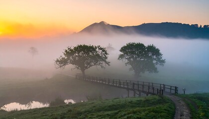 Misty sunrise over a wooden bridge