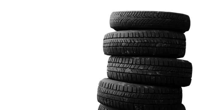 Four black rubber car tires stacked neatly on top of each other  isolated on white background or transparent png 
