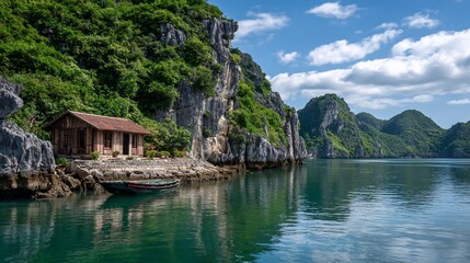 Fototapeta premium Serene scene wooden cottage nestled amidst lush green islands and calm water