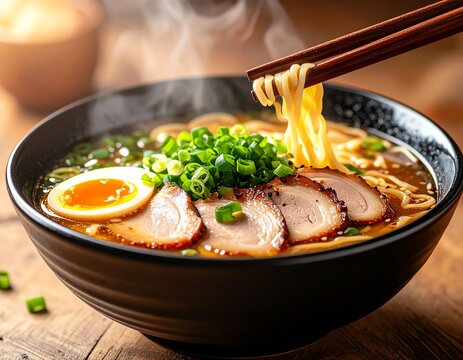 Close-up of a steaming bowl of Japanese tonkotsu ramen, rich pork broth, topped with chashu, marinated egg, green onions, and nori, with wooden chopsticks, - Powered by Adobe
