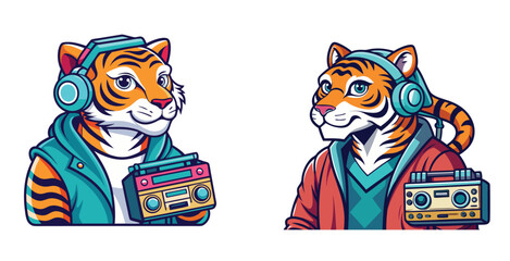 Playful Tiger Mascot Wearing Headphones and Holding Cassette Player Retro Vector Logo