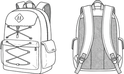 Backpack technical drawing, front and back view, bungee cord system, padded straps, mesh panel, side pockets, adjustable gear design