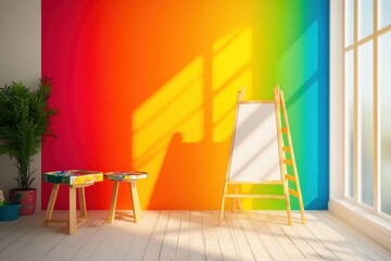 Brightly colored art studio with vibrant wall and sunlight streaming in during the day