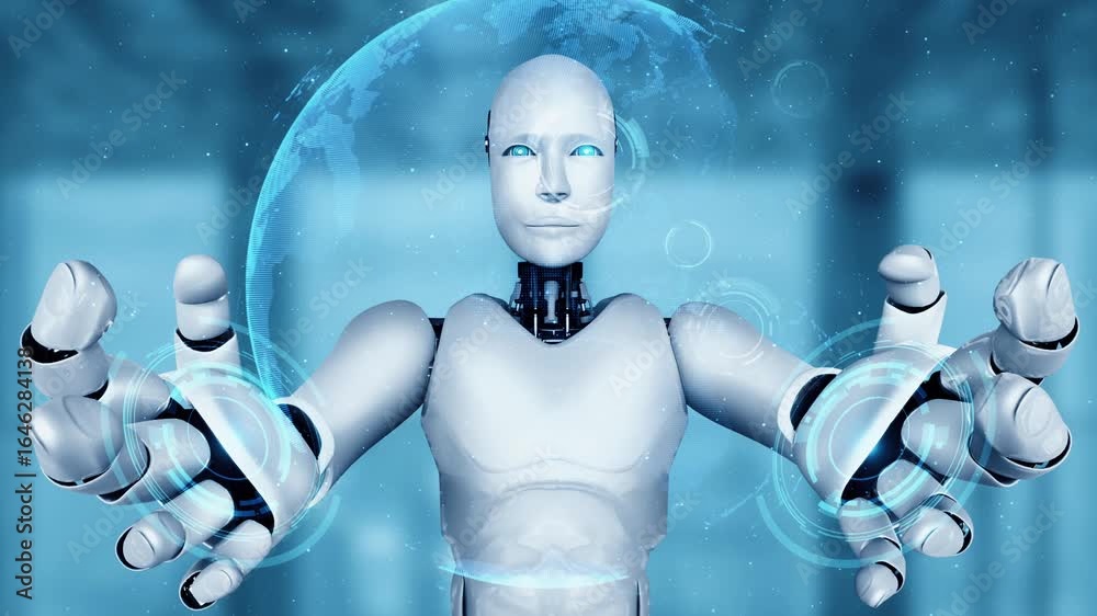 Wall mural ai hominoid robot holding virtual hologram screen showing concept of big data analytic using artific