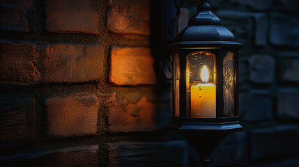 A candle in a lantern reflecting as a streetlamp, exquisite brick background. Room for copy.