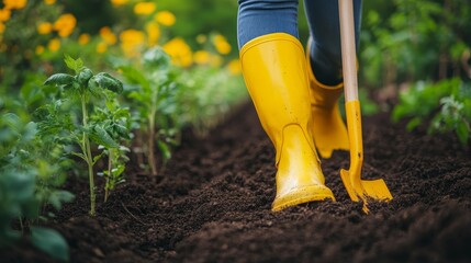 Woman in yellow rubber boots prepares soil for planting in garden with shovel and tools