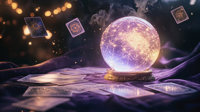 An ethereal, metaphysical, crystal ball glowing on a velvet table, surrounded by floating tarot cards and shimmering astrological symbols in a dark, star-lit room a mysterious aura radiates