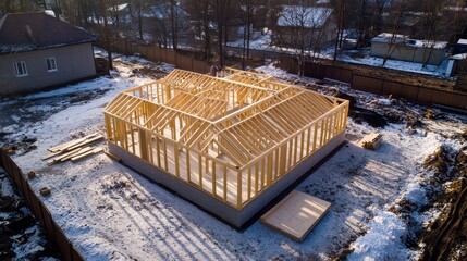 Construction of a cottage with a wooden frame and foundation, ready for final touches and delivery