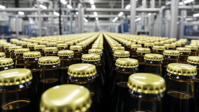 Rows of goldencapped beer bottles are neatly arranged on a production line within a modern factory