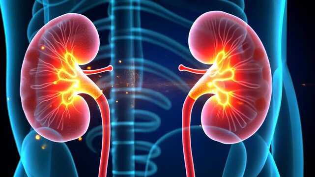 Kidney cancer, renal tumor, cancer diagnosis. Health disruption. Glomeruli damage in cancer progression. Ureter blockage prevents urine flow. Tumor growth disrupts kidney function.