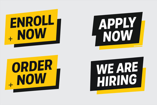 Enroll Now, Order Now, Apply Now, We Are Hiring Labels Set, Promotional Call to Action Banners, Marketing and Recruitment Advertisement Templates for Business and Online Campaigns
