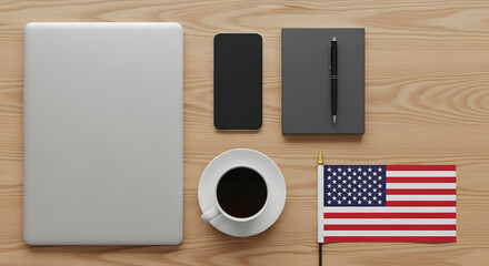 Naklejka premium Patriotic workspace featuring laptop, phone, coffee and American flag for creative projects and business