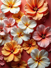 Vibrant digital art background featuring a scattering of textured white, orange, and pink flowers against a coral red surface. Perfect for design, crafts, or decorative projects.