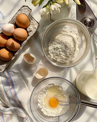 Top view baking scene: flour bowls, egg yolk, milk and whisk, eggs and shells on linen, warm morning light and soft shadows
