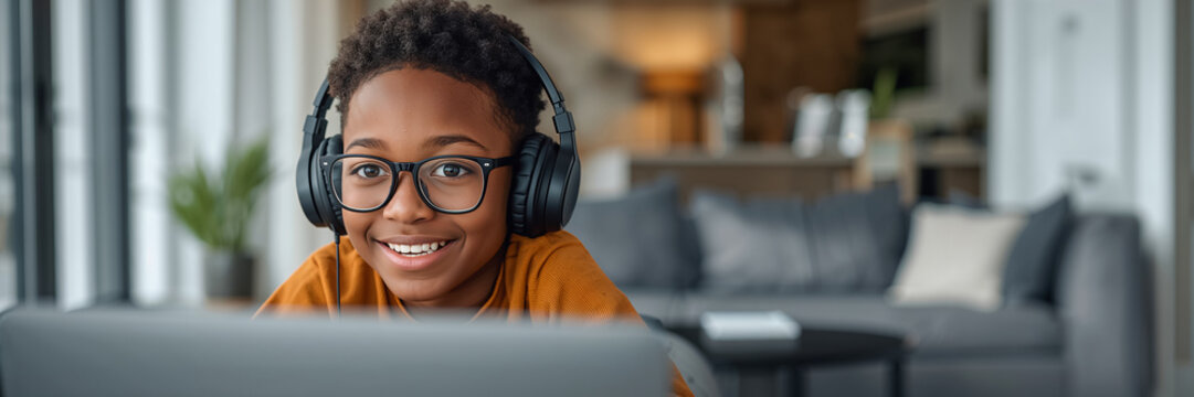 little african american boy positive in headphones sits at table, laptop, online learning - Powered by Adobe