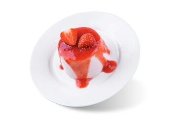 Strawberry panna cotta with strawberry sauce and fresh strawberries on a white isolated background