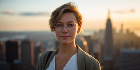 Young caucasian female with glasses poses in new york city skyline during sunset