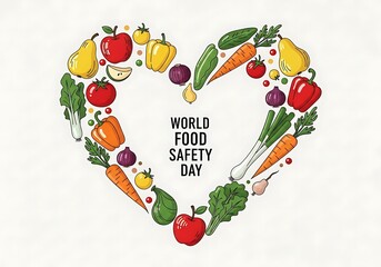 Heart shaped wreath of fresh fruits and vegetables celebrating world food safety day