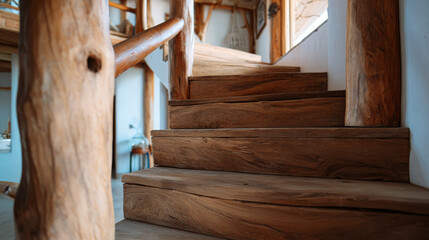 Wooden emergency evacuation staircase leading upward inside a vacation home