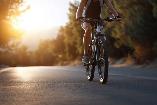 Cycling on a scenic road during sunset in a tranquil forest setting