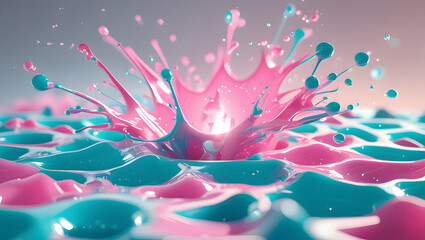 Vibrant Pink and Cyan Paint Splash in Abstract 3D Rendering &ndash; Color Explosion Artwork