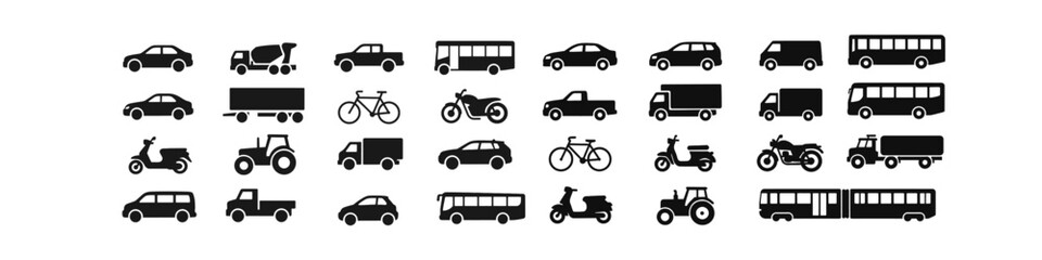 Silhouette icons of diverse transportation vehicles: cars, bikes, and more