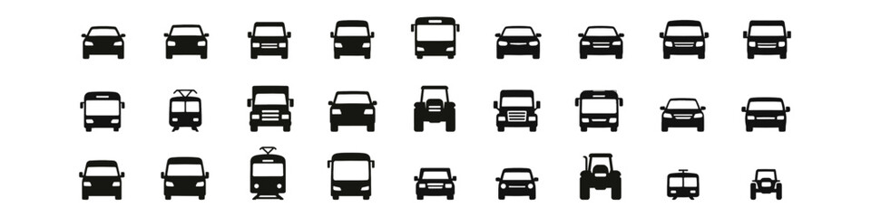 Silhouette set of front view vehicles: cars, buses, tractors, and more