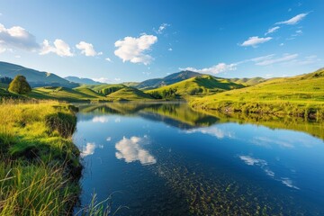 Obraz premium A scenic view of a tranquil lake reflecting the sky with rolling green hills in the background