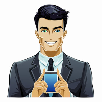  corporate professional with elongated limbs holding smartphone &ndash; sleek vector for business presentations, tech startups, and corporate branding