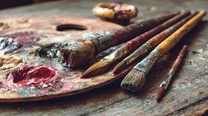 Fototapeta premium Used paintbrushes and a palette with various colors.