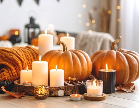 Cozy autumnal display of pumpkins and candles