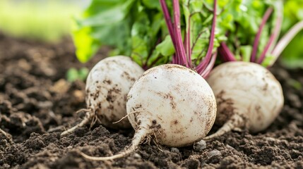 Freshly harvested organic white beetroots with vibrant green leaves resting on nutrient rich soil