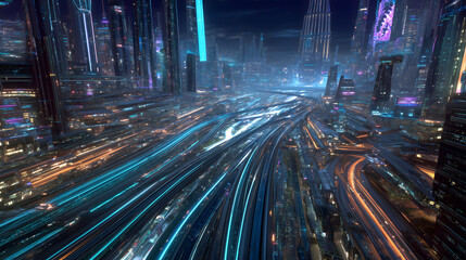 Obraz premium Futuristic City Traffic Flows Like Streams of Light