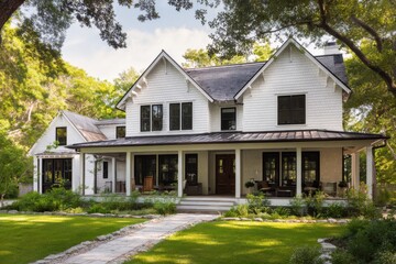 Modern farmhouse exterior showcasing beautifully landscaped yard, large windows, and inviting porch in a serene suburban setting on a sunny day