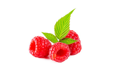 Ripe shiny raspberries with leaves isolated on white background.