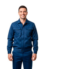 Fototapeta premium Smiling male electrician in a work uniform on a white background