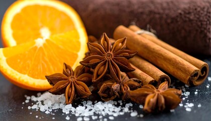 Orange slices, cinnamon sticks, and anise stars on dark surface