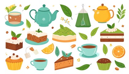 Colorful collection of tea, cakes, and desserts