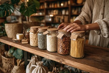 Female hands organizing eco-friendly bulk food jars in a zero-waste store setting.