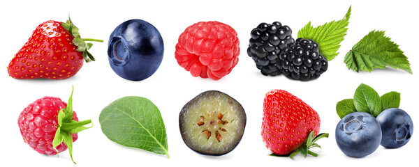 Various berries and green leaves isolated on white, set