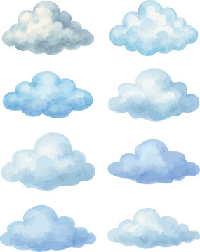 Collection of watercolor vector illustartions of various types of clouds