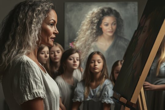 Woman painting portrait of a young girl with an audience in an art studio