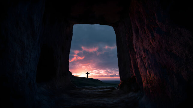 Rock-Cut Tomb Entrance at Dawn with a Single Cross Silhouette