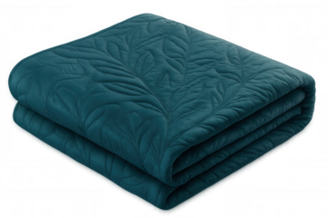 Soft teal blue quilt folding neatly, revealing embossed leaf pattern, resting on transparent background, highlighting bedroom comfort and minimalist design aesthetic