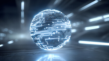 Rotating Glowing Circuit Board Sphere with Electrical Pulses