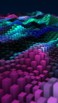 Colorful 3D landscape composed of small cube blocks in vibrant gradient tones, creating a voxel terrain effect