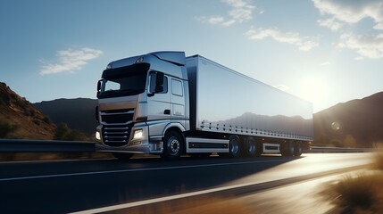Sleek modern semi-truck on a scenic highway. An ideal image for transportation, logistics, or commercial vehicle advertising.