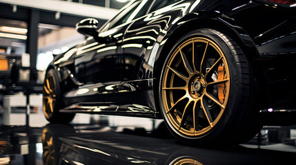 Sleek black sports car with gold rims on a showroom floor. A great image for luxury automotive, car dealership, or technology content.