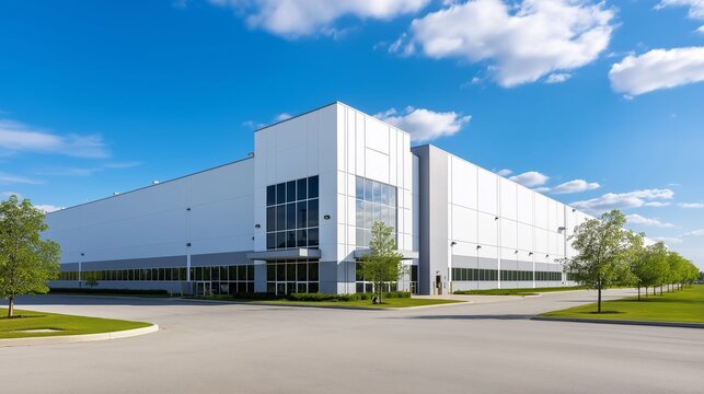Modern industrial warehouse building. An ideal image for logistics, distribution, or real estate marketing.